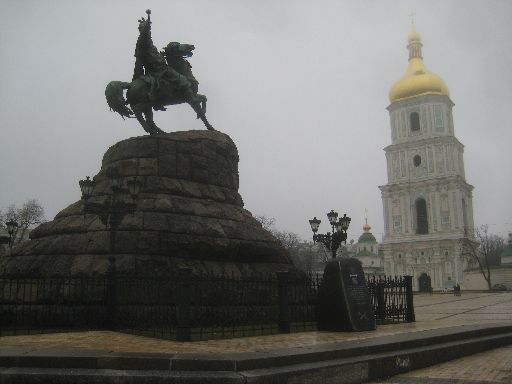 Khmelnytsky statue with the bell tower of St. Sophia