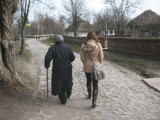 Mila and our guide walking through the Dnieper 'village'