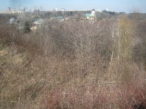 A view of Kyiv, including, from left to right, downtown, the nearby monastery, the Lavra belltower, and the Motherland Monument